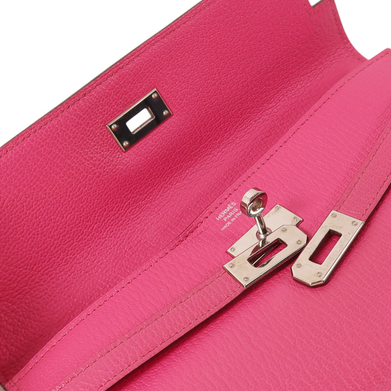 HERMES Chevre皮革Kelly Long Wallet銀扣長錢包Rose Mexico-14