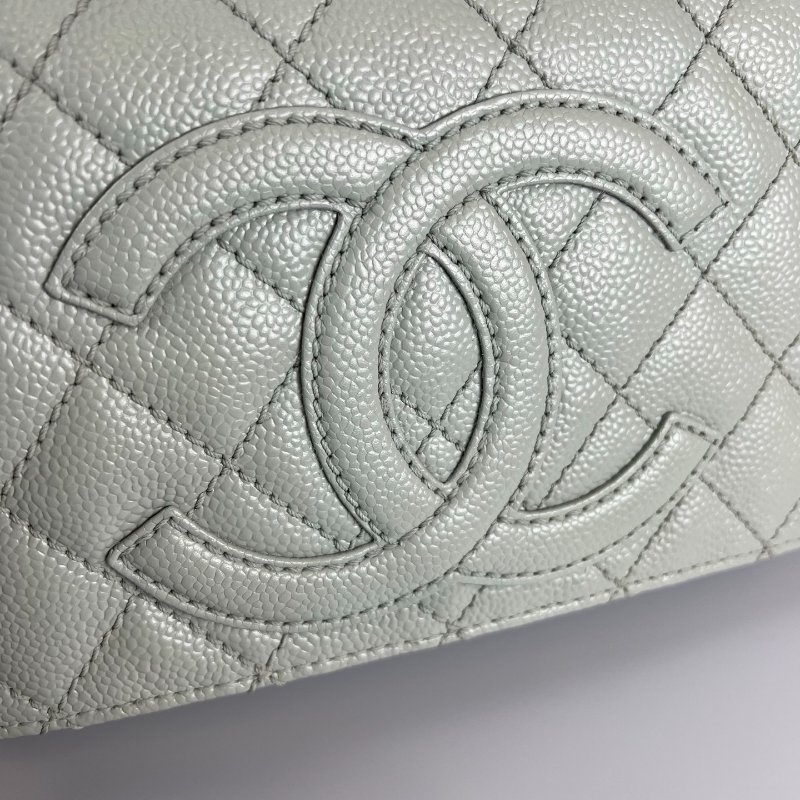 CHANEL 單肩HOBO包 荔枝灰藍 保卡款10開-10