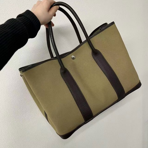 「JL精品代購」9新 Hermes 愛馬仕綠卡其棕色帆布拼皮花園36