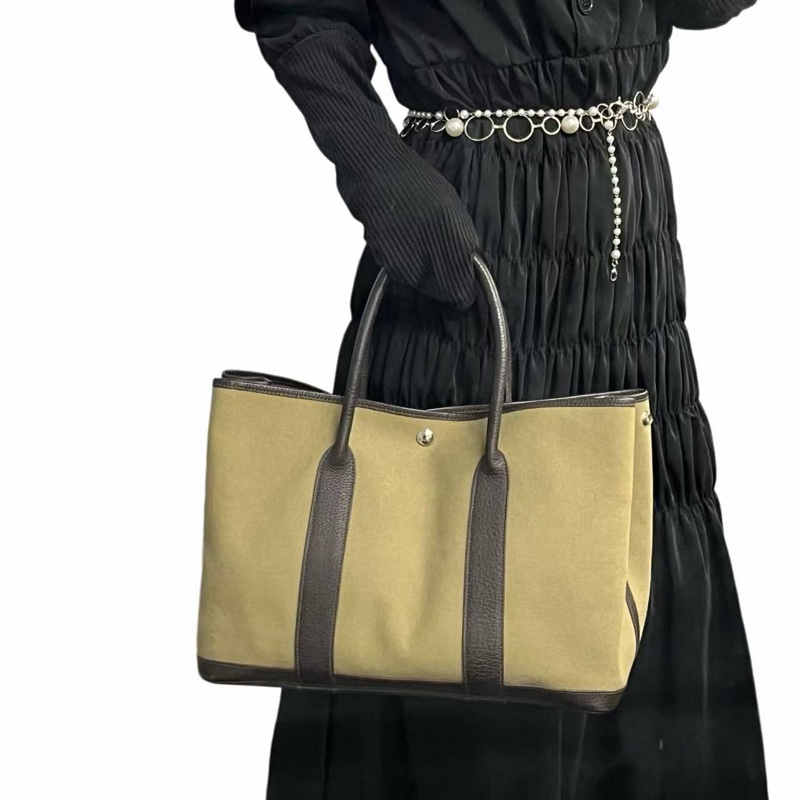 「JL精品代購」9新 Hermes 愛馬仕綠卡其棕色帆布拼皮花園36-1