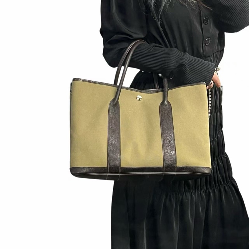 「JL精品代購」9新 Hermes 愛馬仕綠卡其棕色帆布拼皮花園36-2