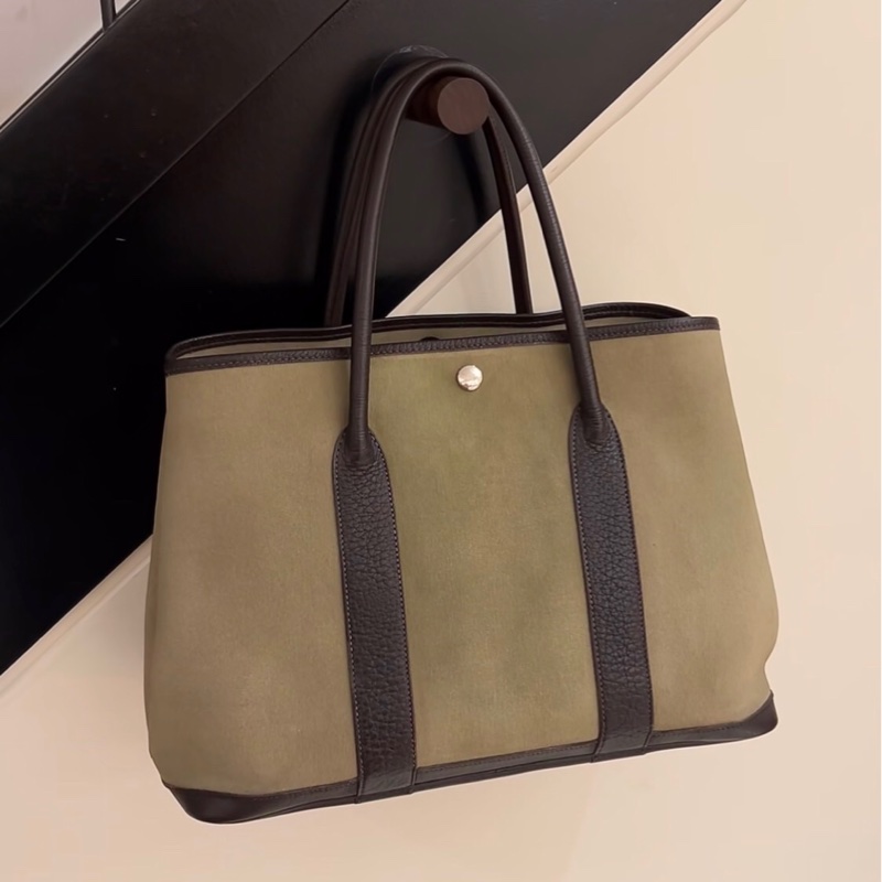 「JL精品代購」9新 Hermes 愛馬仕綠卡其棕色帆布拼皮花園36-3