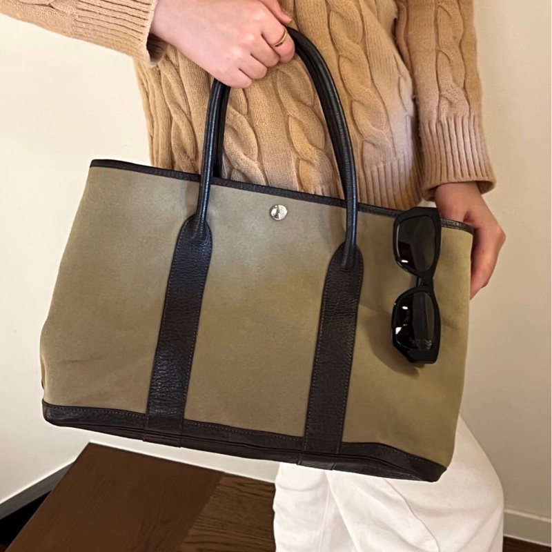 「JL精品代購」9新 Hermes 愛馬仕綠卡其棕色帆布拼皮花園36-4