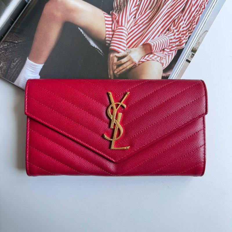 💫紅色超顯白❤️‍🔥YSL 紅色山形紋拉鍊錢包-0