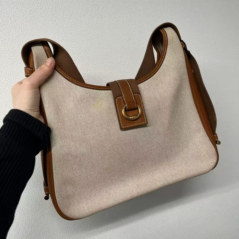 「JL精品代購」稀有愛馬仕金棕色馬鞍皮拼帆布tasko單肩包