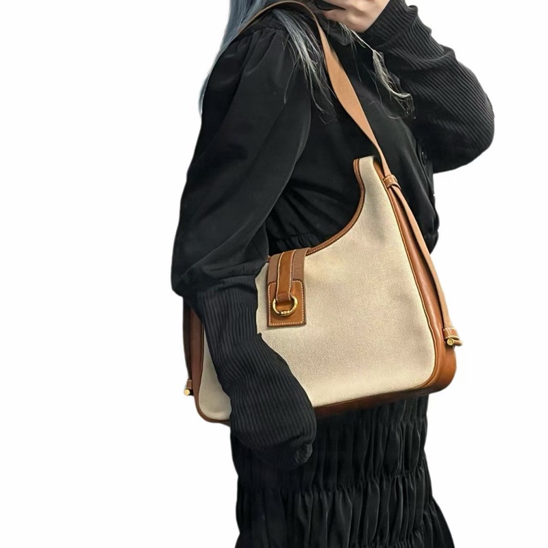 「JL精品代購」稀有愛馬仕金棕色馬鞍皮拼帆布tasko單肩包-1