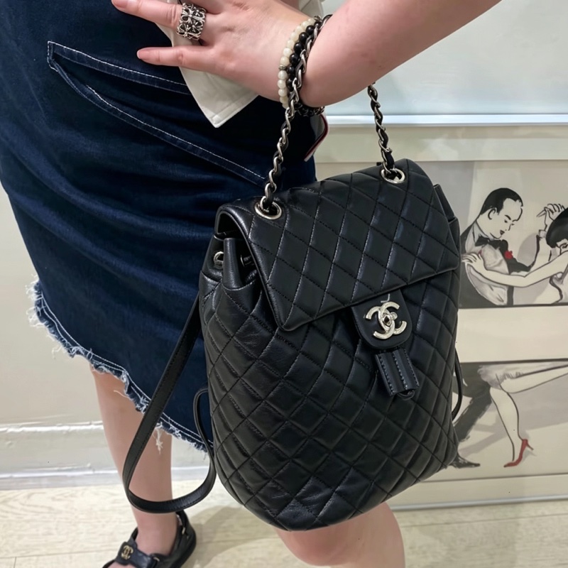 🐫CHANEL黑銀羊皮中號薩爾斯堡雙肩包Saltsbourg Backpack經典菱格紋-2