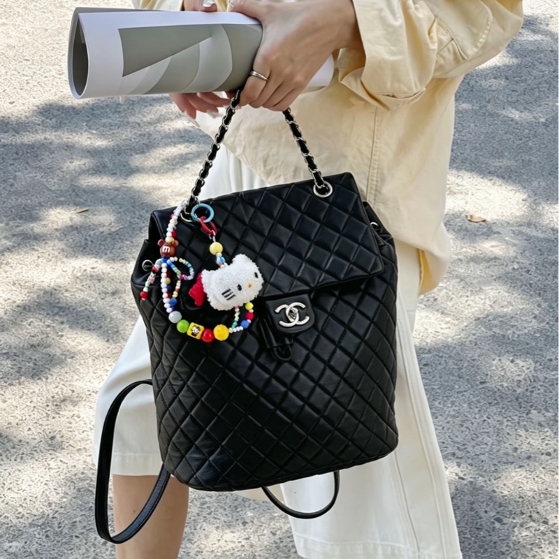 🐫CHANEL黑銀羊皮中號薩爾斯堡雙肩包Saltsbourg Backpack經典菱格紋-5