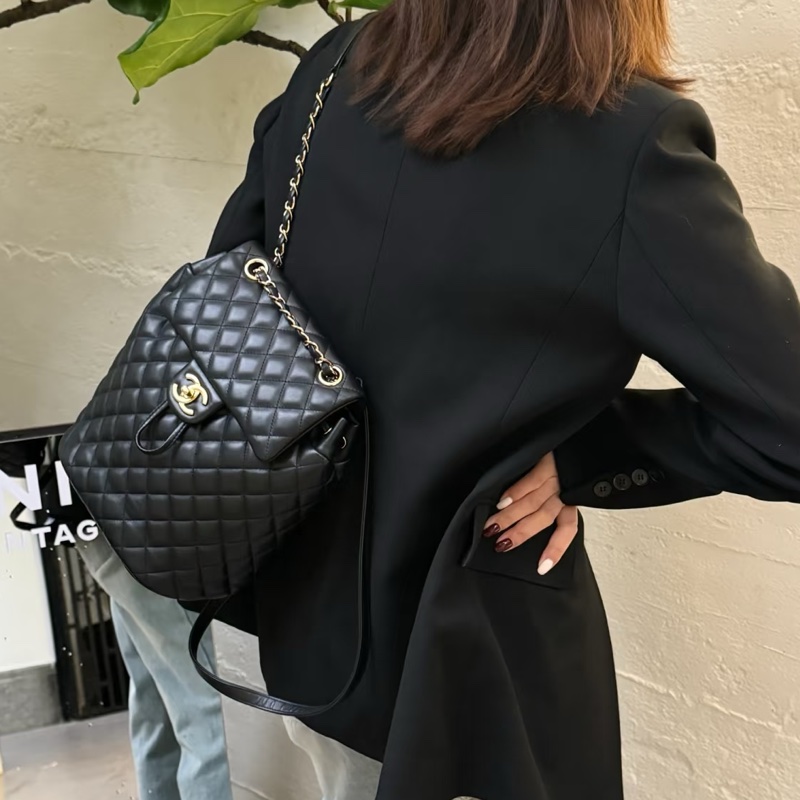 🐫CHANEL黑銀羊皮中號薩爾斯堡雙肩包Saltsbourg Backpack經典菱格紋-9