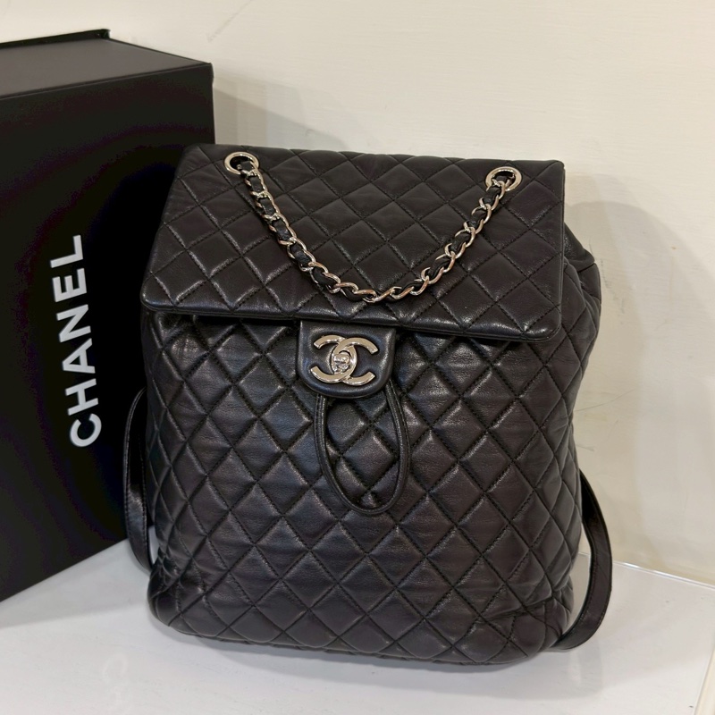 🐫CHANEL黑銀羊皮中號薩爾斯堡雙肩包Saltsbourg Backpack經典菱格紋-10