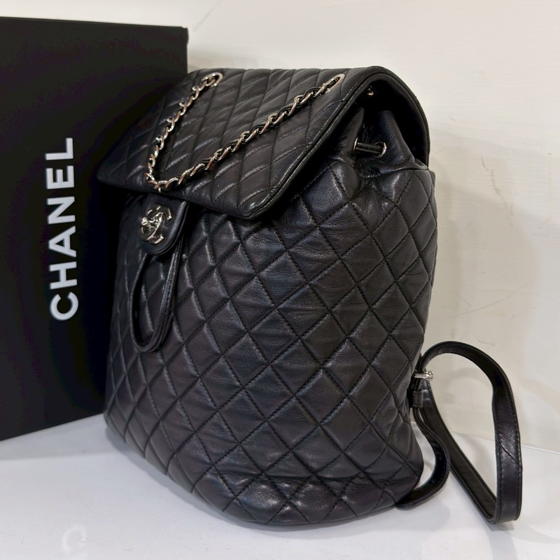 🐫CHANEL黑銀羊皮中號薩爾斯堡雙肩包Saltsbourg Backpack經典菱格紋-11