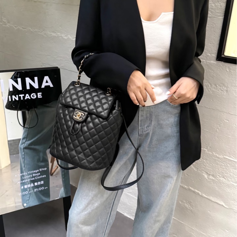 🐫CHANEL黑銀羊皮中號薩爾斯堡雙肩包Saltsbourg Backpack經典菱格紋-22