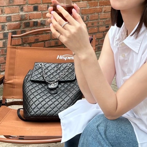 🐫CHANEL黑銀羊皮中號薩爾斯堡雙肩包Saltsbourg Backpack經典菱格紋-23