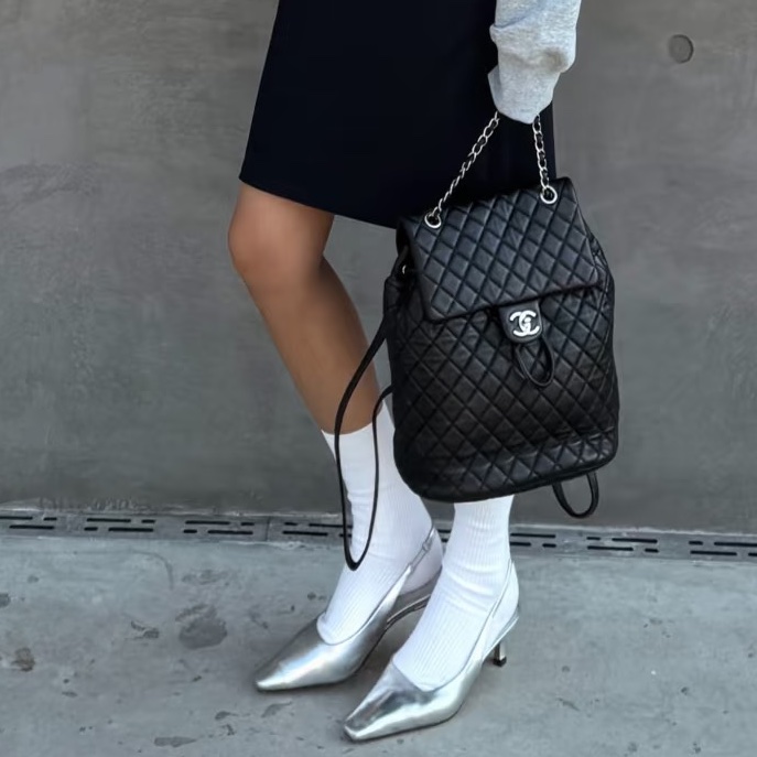 🐫CHANEL黑銀羊皮中號薩爾斯堡雙肩包Saltsbourg Backpack經典菱格紋-24