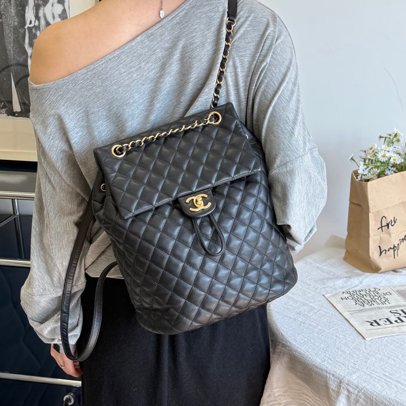 🐫CHANEL黑銀羊皮中號薩爾斯堡雙肩包Saltsbourg Backpack經典菱格紋-28