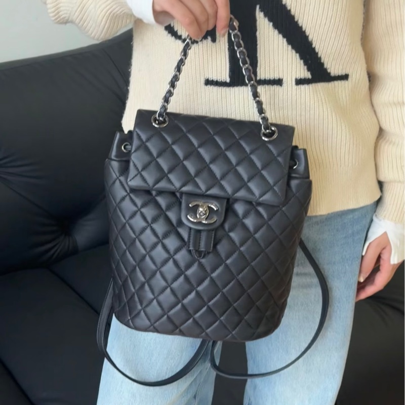 🐫CHANEL黑銀羊皮中號薩爾斯堡雙肩包Saltsbourg Backpack經典菱格紋-37