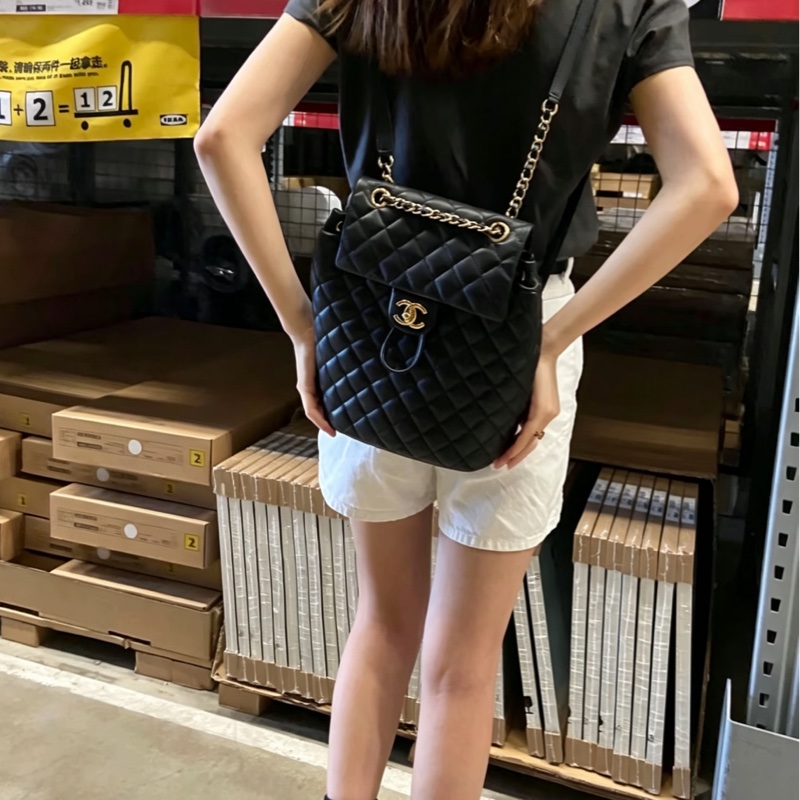 🐫CHANEL黑銀羊皮中號薩爾斯堡雙肩包Saltsbourg Backpack經典菱格紋-38