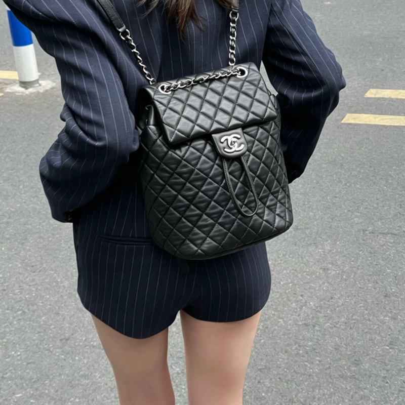 🐫CHANEL黑銀羊皮中號薩爾斯堡雙肩包Saltsbourg Backpack經典菱格紋-41