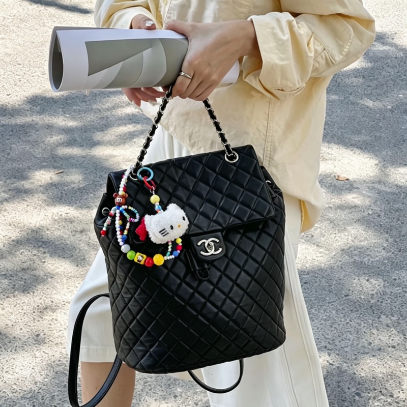 🐫CHANEL黑銀羊皮中號薩爾斯堡雙肩包Saltsbourg Backpack經典菱格紋-45