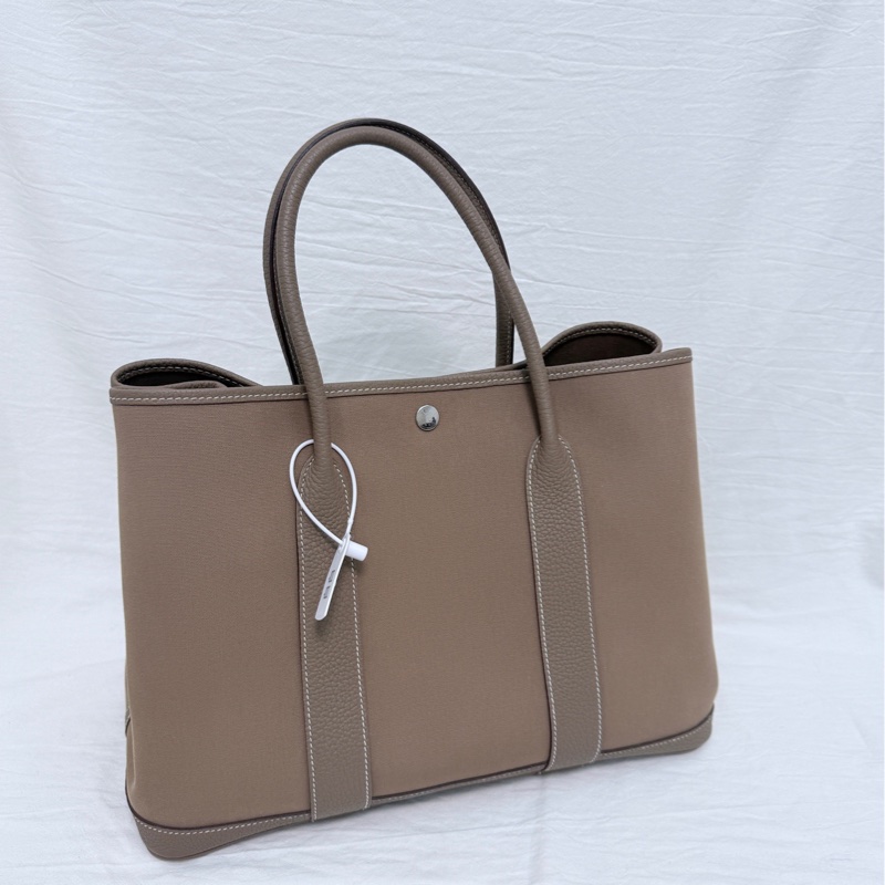 98新 愛馬仕 花園36 大象灰 銀扣 A刻 帆布拼皮 附件：塵袋-1