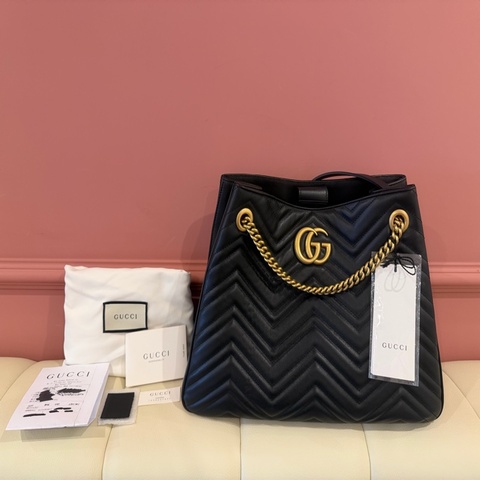 Gucci GG Marmont Matelassé 黑色全皮大款托特包