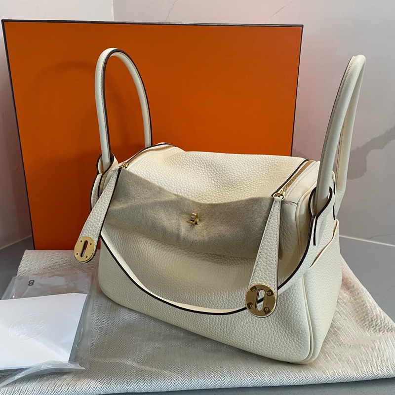 HERMES愛馬仕 Lindy 26 Z刻 金扣 Clemence小公牛皮 nata 奶油白-1