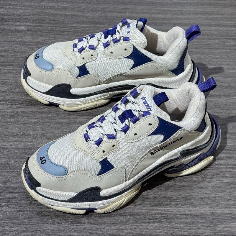 97🆕Balenciaga巴黎世家 Triple S 做舊 網眼 運動鞋 低幫 老爹鞋 女款 白藍-0