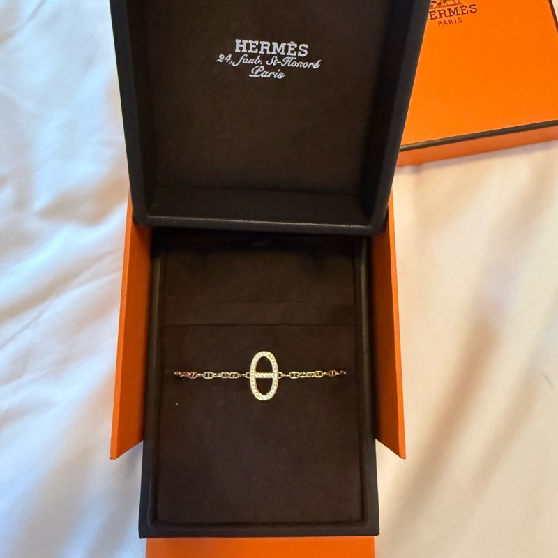 💖Hermes 豬鼻玫瑰金 鑽石手鍊💖 全新全配-4