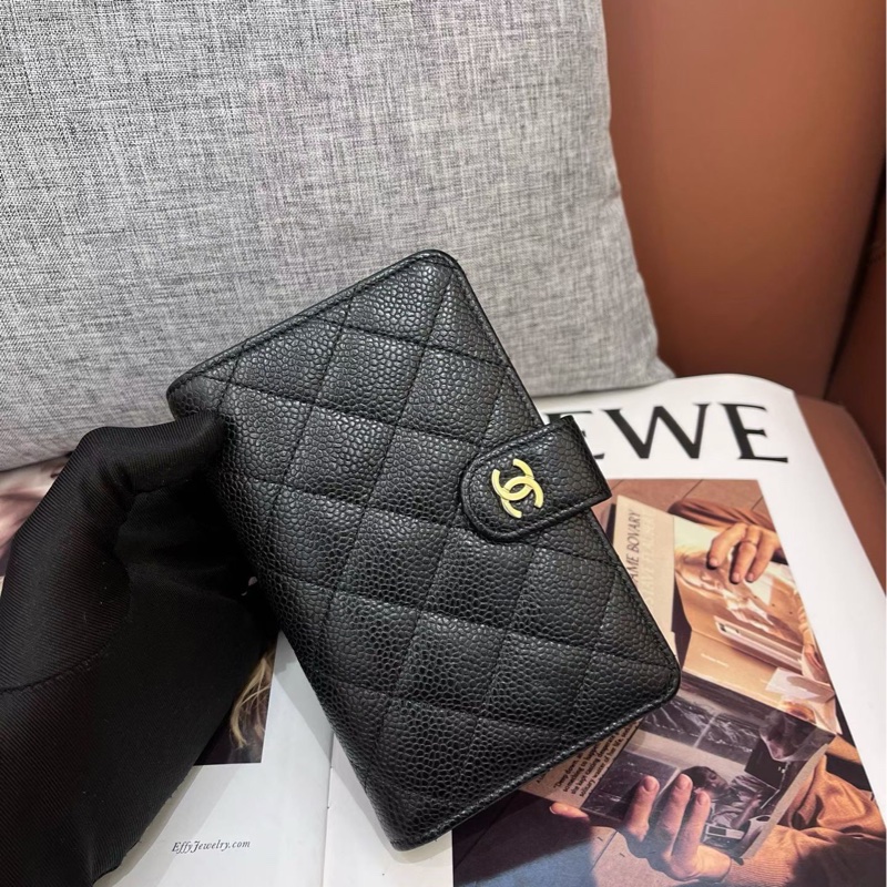 Chanel香奈兒黑金荔枝紋牛皮錢包 20開 98新-0