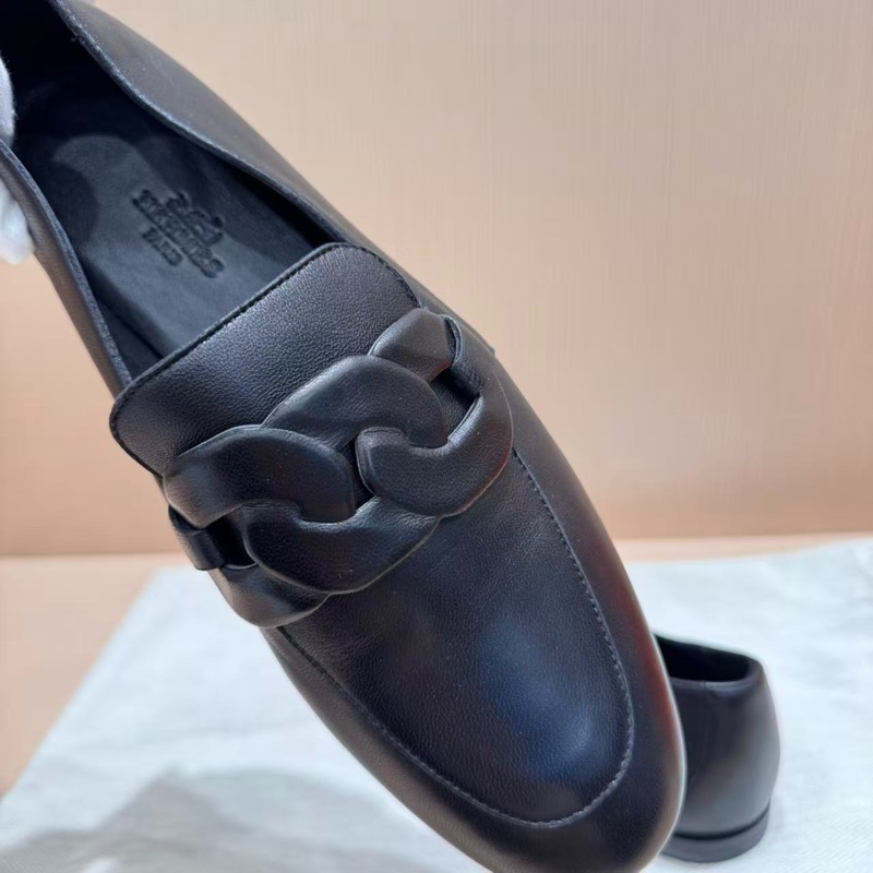 99新Hermes愛馬仕 黑色羊皮Honest圓頭套腳樂福鞋，女款 37碼-3