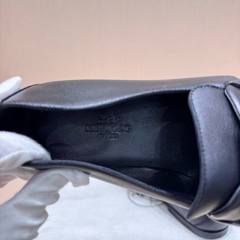 99新Hermes愛馬仕 黑色羊皮Honest圓頭套腳樂福鞋，女款 37碼-4