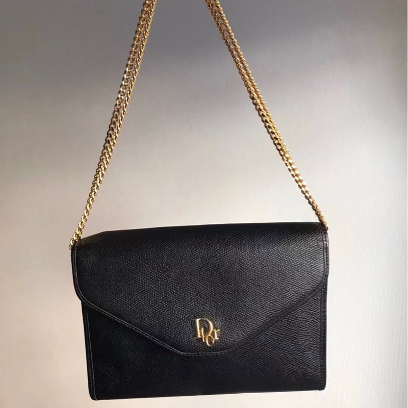 「JL精品代購」9新 Dior黑皮信封鏈條包-0