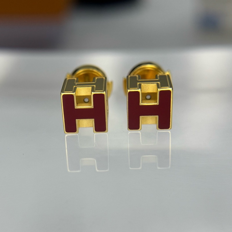 Hermès 愛馬仕 紅色小號方塊H耳釘  🈚附件-0