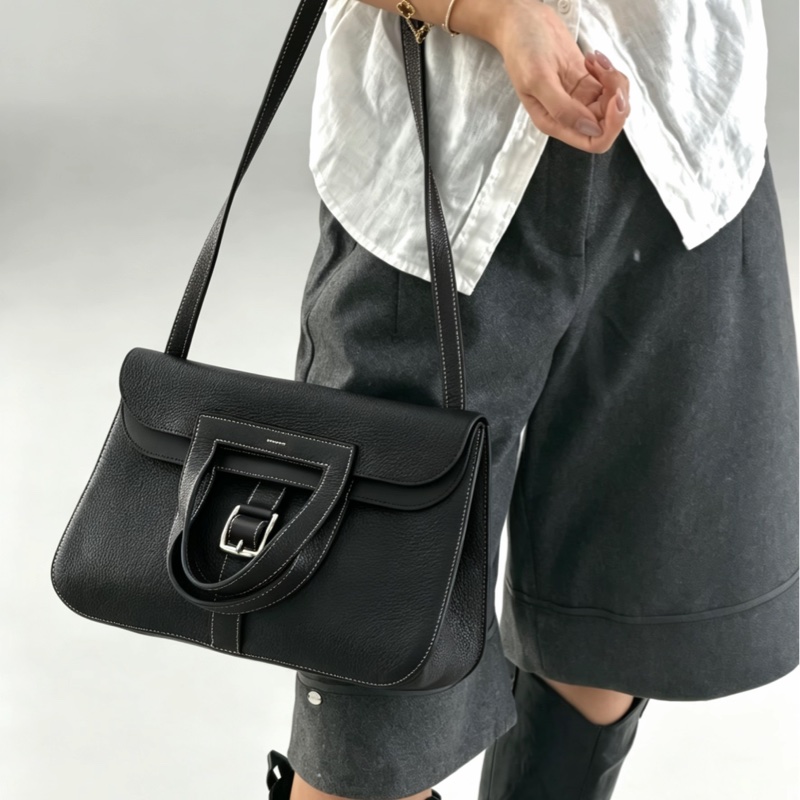 HERMES愛馬仕🐎 Halzan31黑銀配色TC皮質單肩斜挎包-0