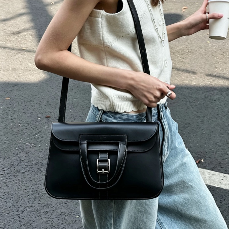 HERMES愛馬仕🐎 Halzan31黑銀配色TC皮質單肩斜挎包-3