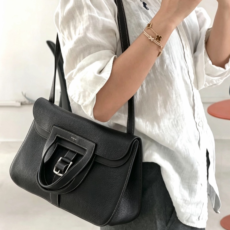 HERMES愛馬仕🐎 Halzan31黑銀配色TC皮質單肩斜挎包-5