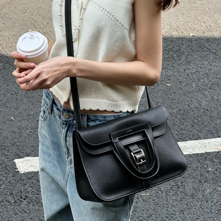 HERMES愛馬仕🐎 Halzan31黑銀配色TC皮質單肩斜挎包-8