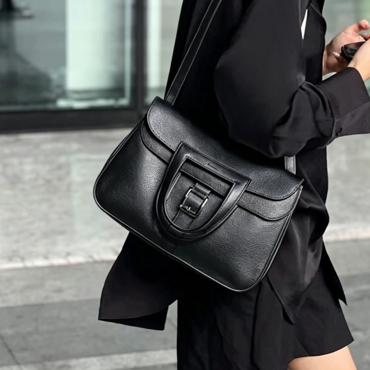 HERMES愛馬仕🐎 Halzan31黑銀配色TC皮質單肩斜挎包-9