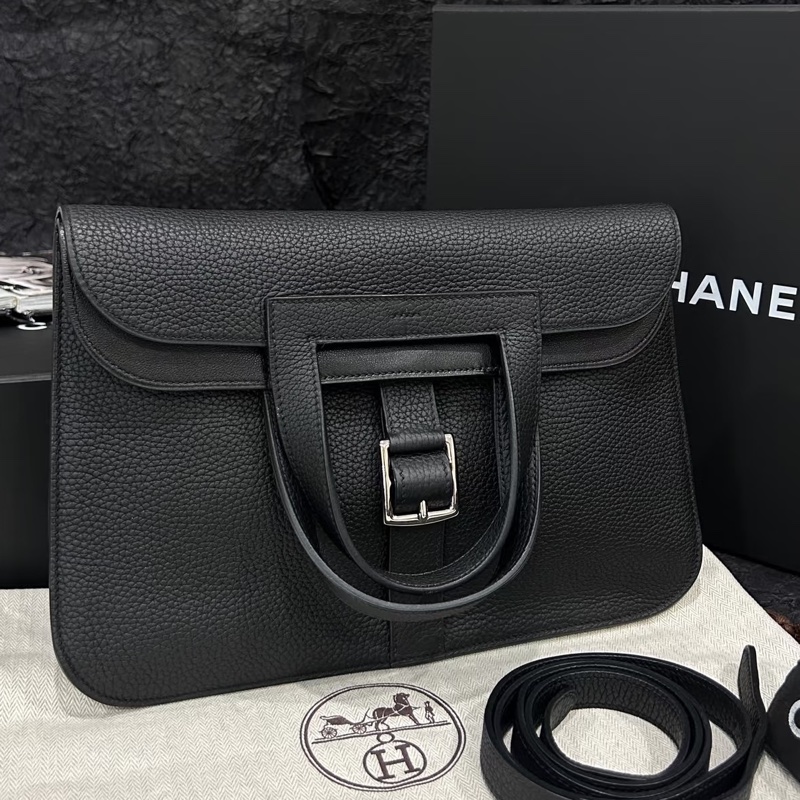 HERMES愛馬仕🐎 Halzan31黑銀配色TC皮質單肩斜挎包-21