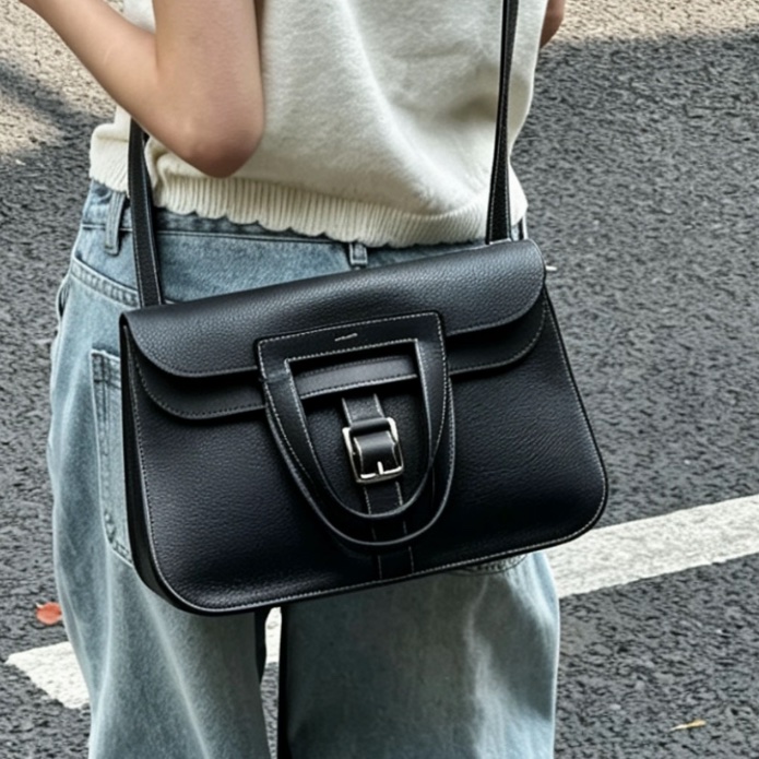 HERMES愛馬仕🐎 Halzan31黑銀配色TC皮質單肩斜挎包-23