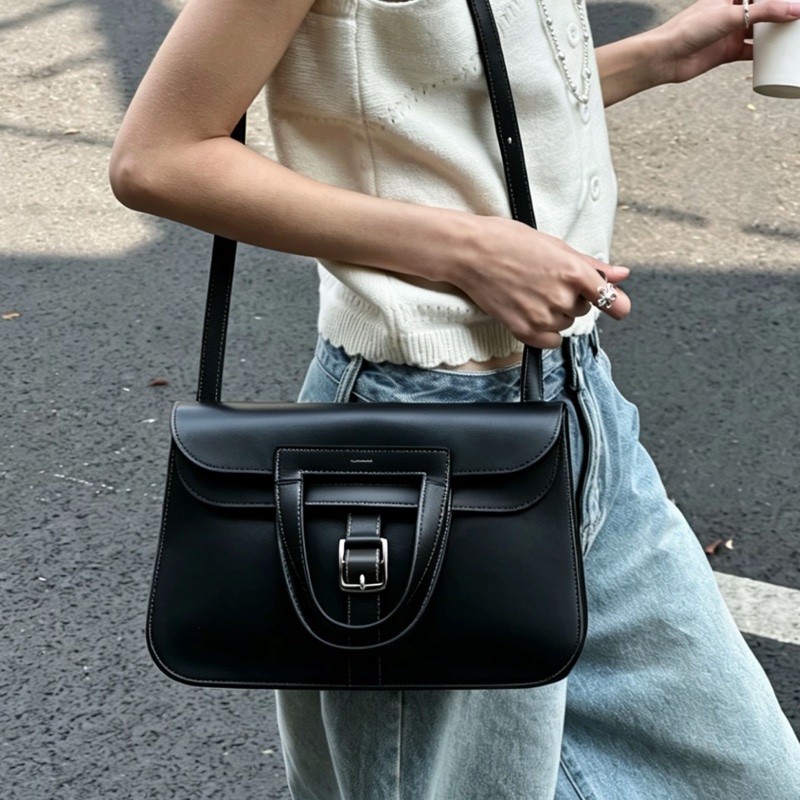 HERMES愛馬仕🐎 Halzan31黑銀配色TC皮質單肩斜挎包-25