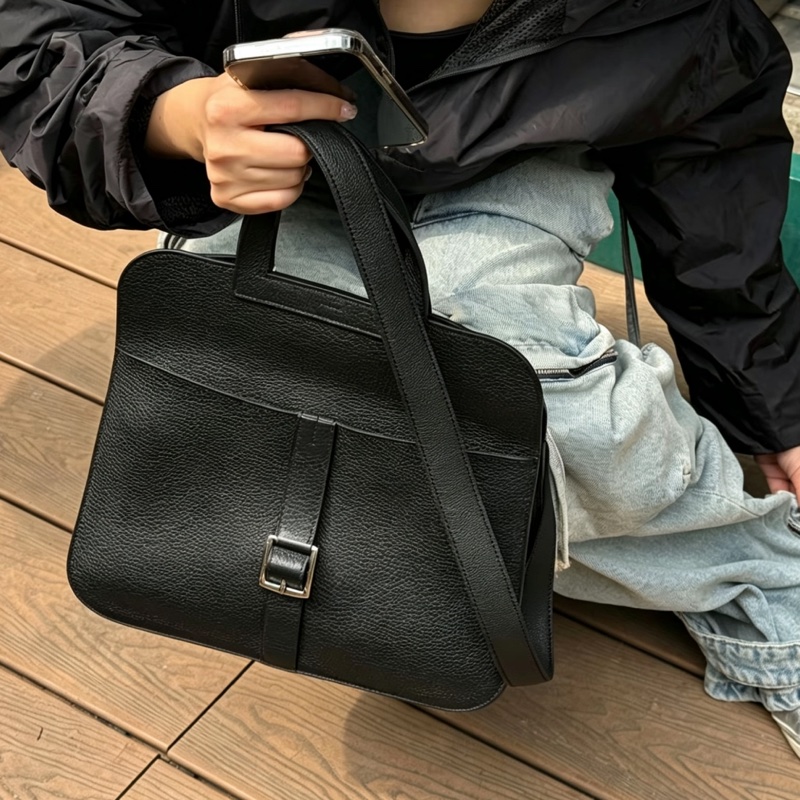 HERMES愛馬仕🐎 Halzan31黑銀配色TC皮質單肩斜挎包-27