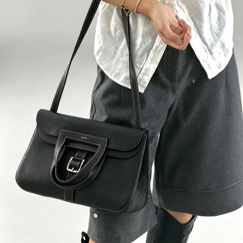 HERMES愛馬仕🐎 Halzan31黑銀配色TC皮質單肩斜挎包-33