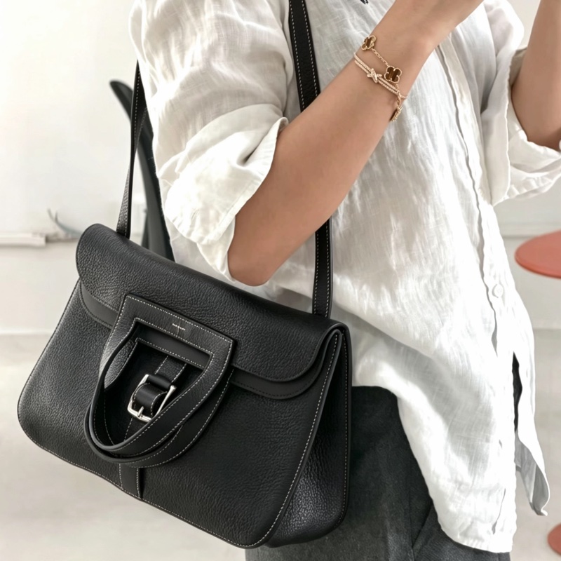 HERMES愛馬仕🐎 Halzan31黑銀配色TC皮質單肩斜挎包-34