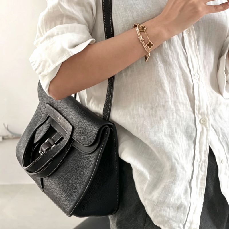 HERMES愛馬仕🐎 Halzan31黑銀配色TC皮質單肩斜挎包-35