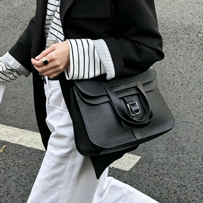 HERMES愛馬仕🐎 Halzan31黑銀配色TC皮質單肩斜挎包-37