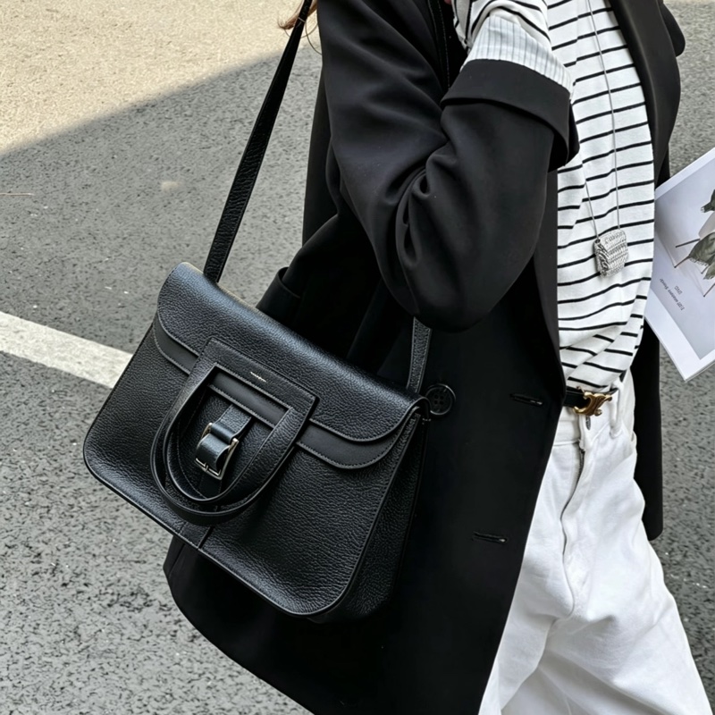 HERMES愛馬仕🐎 Halzan31黑銀配色TC皮質單肩斜挎包-38