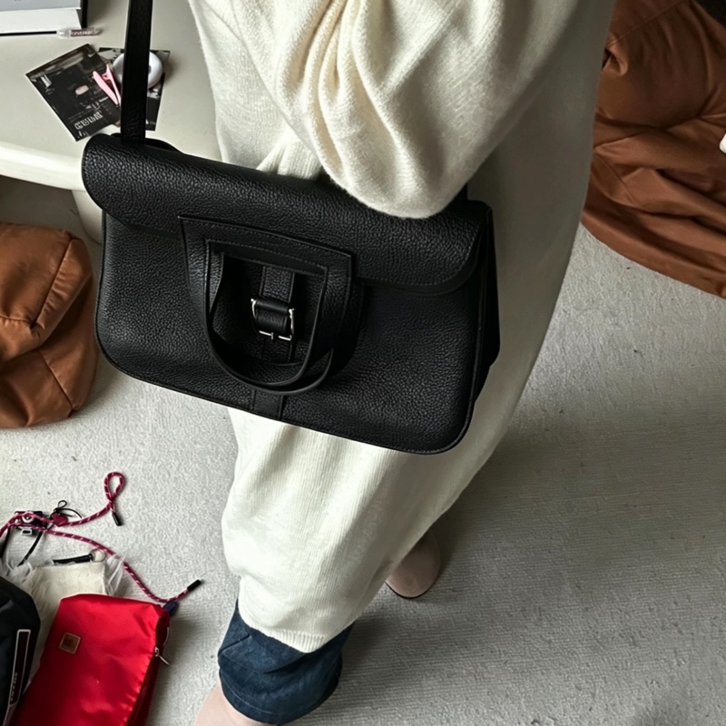 HERMES愛馬仕🐎 Halzan31黑銀配色TC皮質單肩斜挎包-39