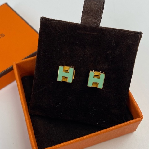 Hermès 愛馬仕 經典Cage 薄荷綠色配金色立體方塊琺瑯耳釘