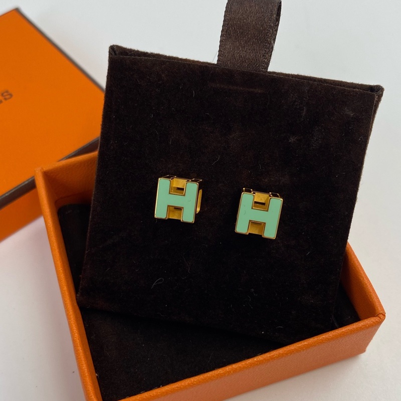 Hermès 愛馬仕 經典Cage 薄荷綠色配金色立體方塊琺瑯耳釘-0